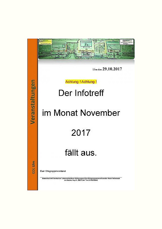Ausfall Infotreff November Ausfall Infotreff November